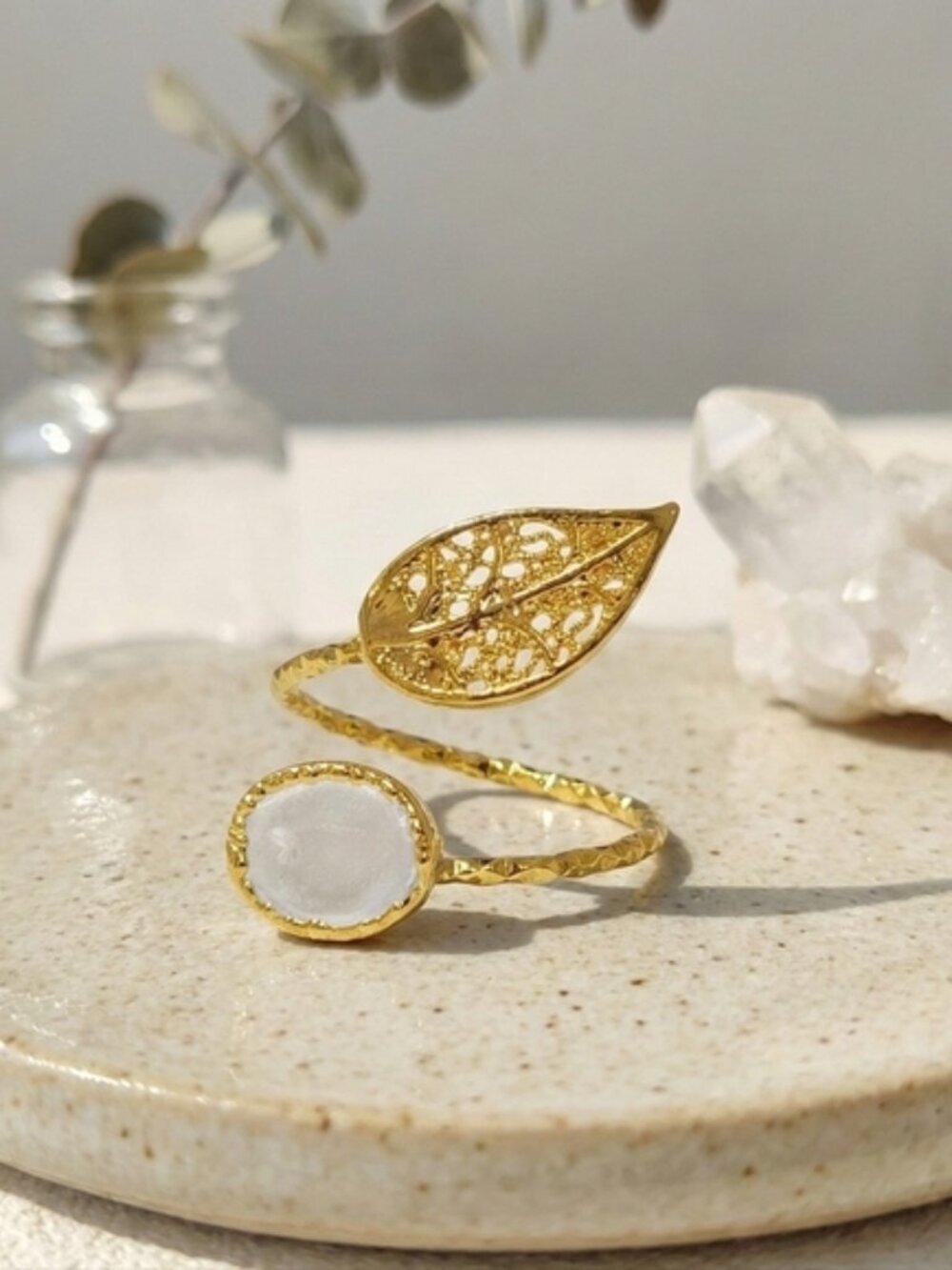 Turkish Filigree Leaf Wrap Ring Grand Bazaar 18K Gold Plated Pearl Adj 6-10